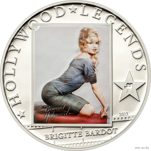 Острова Кука 5 долларов 2013г. "Легенды Голливуда: Брижит Бардо (Brigitte Bardot)".  Монета в капсуле; сертификат. СЕРЕБРО 25гр.