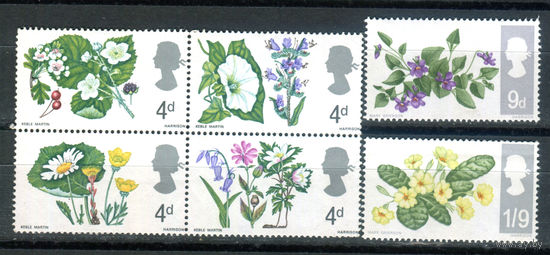 Великобритания - 1967г. - дикие цветы - 6 марок - полная серия, MNH, кварт со сгибом по перфорации, 1 марка с маленькой точкой-повреждением клея [Mi 446-451]. #3-GB-Z-1-17