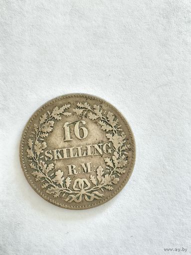 Монета 16 скиллинг-ригсмёнтов, Дания 1858 г.