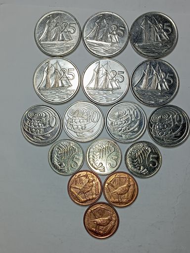 Каймановы острова 25 центов 1992 , 1996 , 1999 , 2002 , 2005 , 2008 , 10 центов 2002 , 2005 , 2008 , 2013 , 5 центов 2002 , 2005 , 2008 и 1 цент 2005 , 2008 , 2017 года .