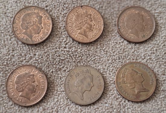 Великобритания погодовка 1 пенни 6 монет 1988,1989,2000,2001,2007,2010
