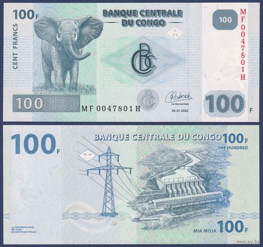 Конго, 100 франков 2022 г, P-W98B (MF, Oberthur, cлон, национальный парк Вирунга), UNC