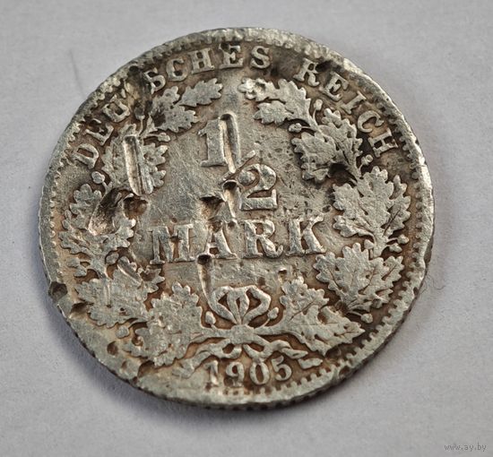 1905 год 1/2 марки Германия    серебро