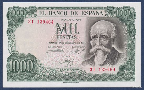 Испания, 1000 песет 1971 г., P-154 (3I, памятная - 100 лет банку Испании как единственного эмитента), UNC