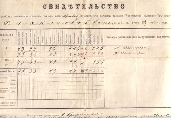 Аттестат Царское село 1917 год