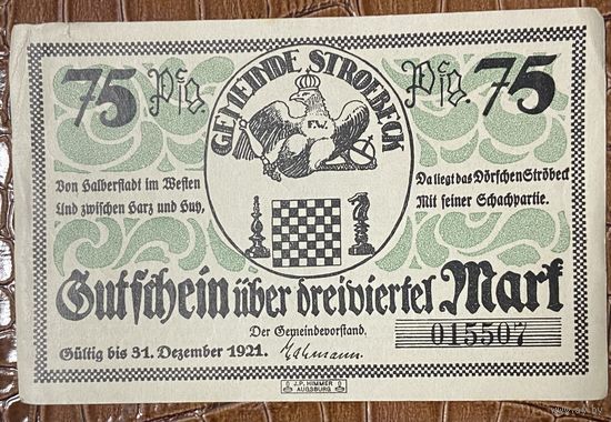 Нотгельд 75 пфеннигов 1921 год. Штрёбек. Веймарская республика