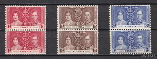 134.BrKS. Великобритания. Колонии.  Нигерия. Коронация Георга VI и Елизаветы. 1937 г. Полная серия. Пары. Mi.##43-45. MNH.