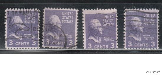 США-1938, (Мих.414), гаш.   , Стандарт, президенты, Джефферсон,  4 марки различные гашения