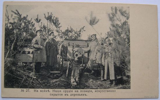 Изд. Адамович. Город Минск. На войне. Наше орудие на позиции, искусственно скрытое в деревьях.