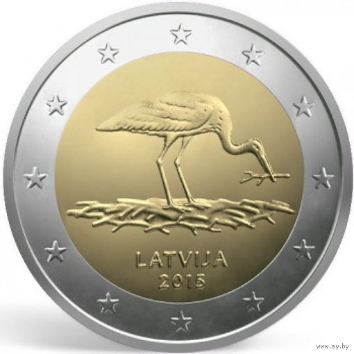 2 евро 2015 Латвия Чёрный аист UNC из ролла