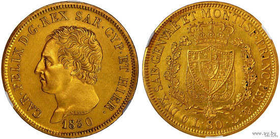 80 лир 1830 г. Карл Феликс. Сардинское королевство (1816 - 1868). Италия. CPRС AU det. Золото. Редкие! КМ# 123.