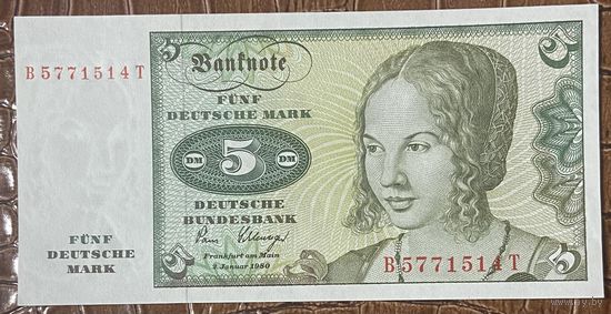 Банкнота 5 марок 1980 год. ФРГ. Портрет венецианской женщины. НЕ БЫЛА В ОБОРОТЕ.
