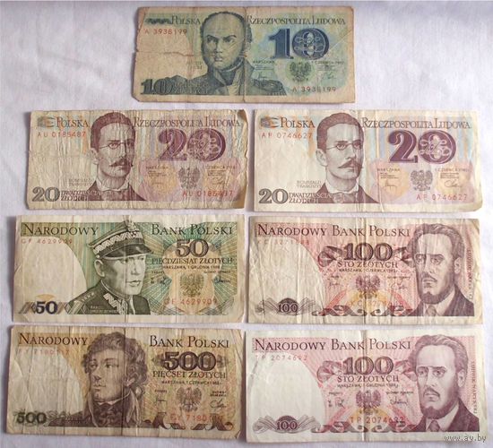 10, 20, 100, 500 злотых 1982 + 50, 100 злотых 1988 Польша 7 банкнот одним лотом