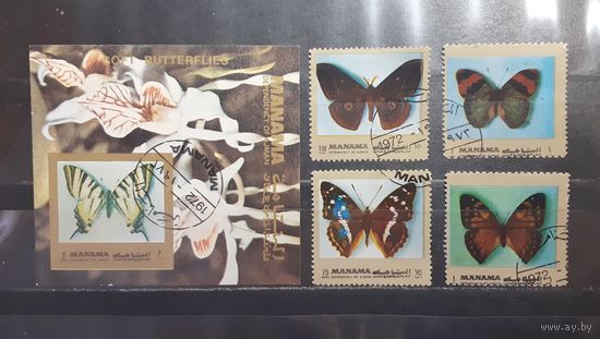 Манама. 1989 год. Фауна. Бабочки (блок и 4 марки) (1440)