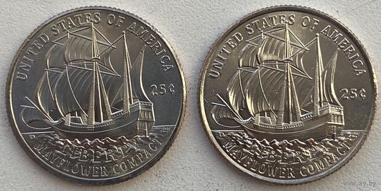 США 25 центов (квотер) 2026 г. Мэйфлауэрское соглашение. Парусник. D + P. Цена за 1 шт.