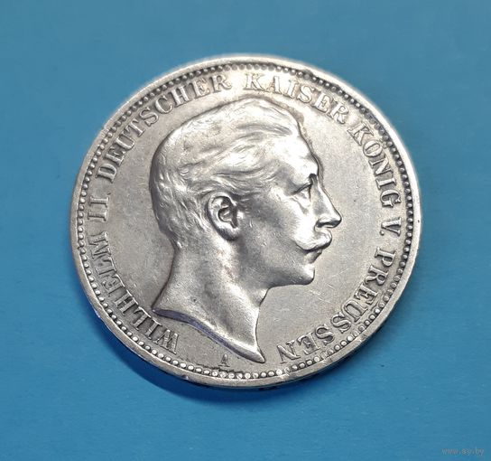 Германия. 3 марки. 1908 год. Вильгельм II. Серебро