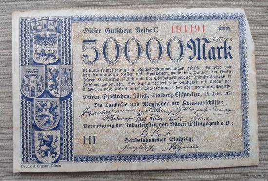 Werty71 Германия 50000 Марок 1923 банкнота гроссгельд Нидерланды Дюрен Ойскирхен Юлих Штольберг-Эшвайлер