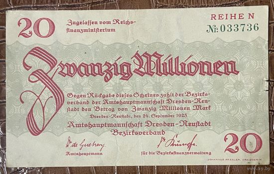 Банкнота 20 миллионов марок 1923 год. Дрезден-Нойштадт. Веймарская республика.