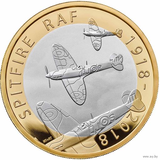 Великобритания 2 фунта 2018г. "Авиация RAF: Spitfire. Самолет". Монета в капсуле; подарочном футляре; сертификат; коробка. СЕРЕБРО 12гр.