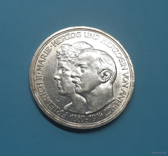 Германия. 3 марки. 1914 год. Анхальт. Фридрих II и Мария. Отличная! Серебро