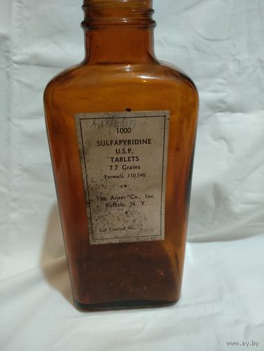 WW II Старинная аптечная бутылка от американских таблеток SULFAPYRIDINE USP.Tablets.7.7 Grains Buffalo