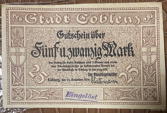 Банкнота 25 марок 1918 год. Оберндорф. Веймарская республика.