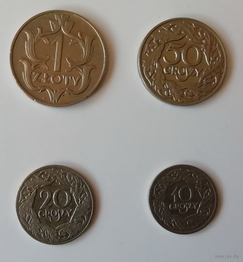 Комплект никелевых монет Польши. 1 злотый 1929 г. 50, 20, 10 грошей 1923 г.