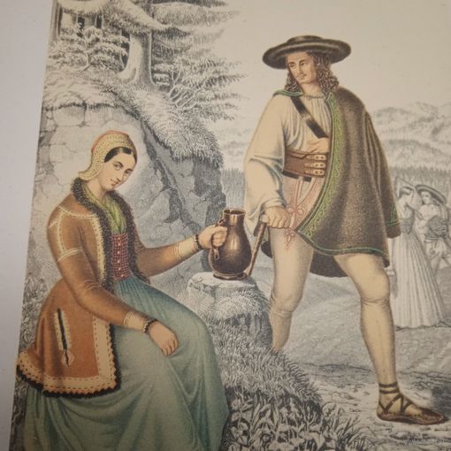 Литография с акварели  Иллюстрация двусторонняя 29.5х22.5 см.  нач.20в.