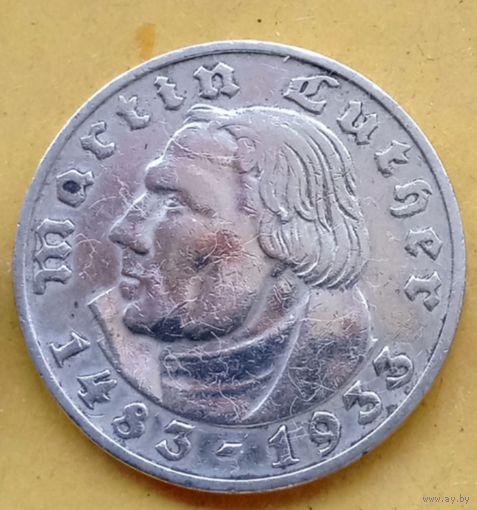 Германия 2 марки 1933 F (Штутгарт). Мартин Лютер. Редкость. С рубля
