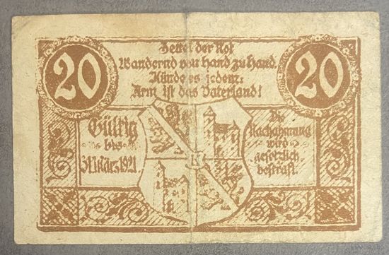 Нотгельды Австрия Бласон 20 геллеров 1921 год.