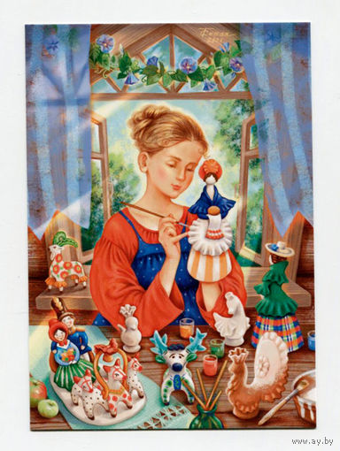 Открытка. Рукоделия. Фольклор. Дымковская игрушка. Мастерица. Девушка. Окна. Цветы. Наличники.Худ. Таня Сытая (чистая)