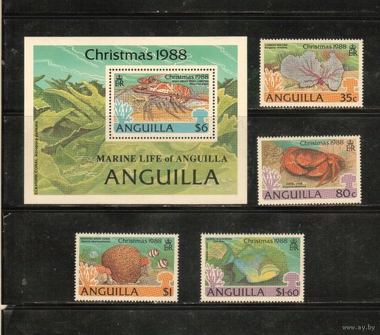 Ангилья-1988(Мих.791-794,БЛ.81) , **   ,  Морская фауна,Крабы, Рыбы, Рождество (полная серия)