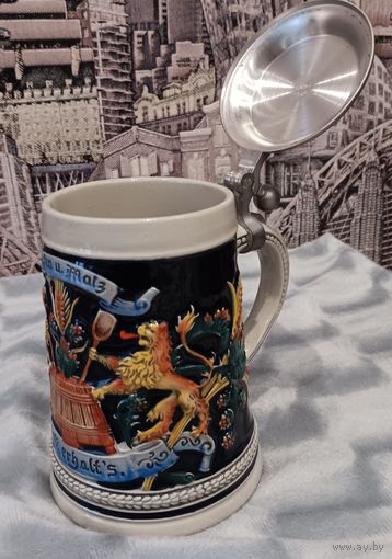 Коллекционная пивная кружка "Хмель и Солод. Бог сохранит их". Ручная работа. Немецкий производитель. Клейма.