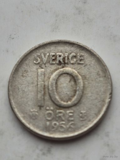 10 эре 1956 года Швеция. Серебро 400. Монета не чищена. 45336