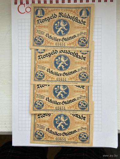 Нотгельды 4х50, 4х75 и 2х100 пфеннигов Германия Рудольфштадт-0501. Уникальная серия с единым номером