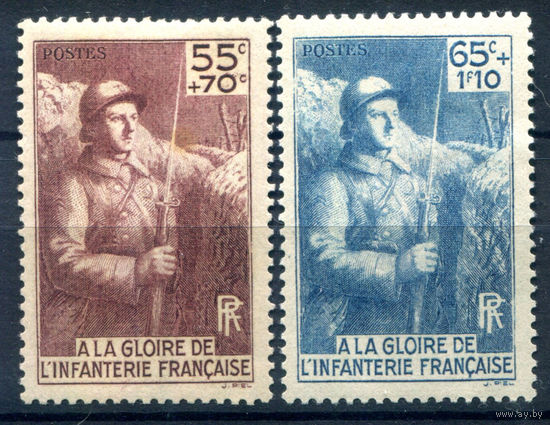 Франция - 1938г. - памятник солдатам - 2 марки - полная серия, MH, номинал 55 с небольшим пятном на лицевой и обратной стороне [Mi 423-424]. #2-Fr-51-A-1