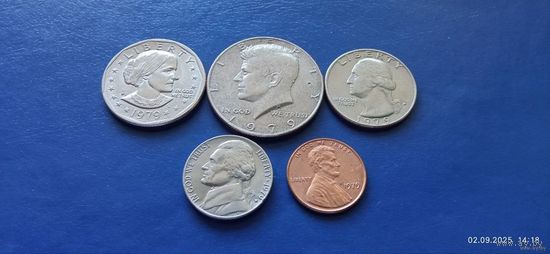 1 доллар,50,25,5 и 1 центы 1979 год США "Сьюзен Энтони" (Состояние на фото,в лоте 5 монет)