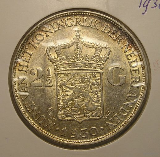 Нидерланды, 2 1/2 Гульдена 1930 Серебро, Сохран !