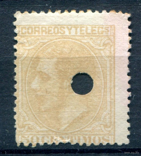 Испания (Королевство) - 1879г. - король Альфонсо XII, 50 с - 1 марка - гашёная пробоем [Mi 181]. #1-Sp-21-A-1