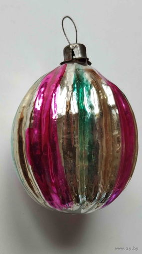 Елочная игрушка СССР. Ребристый шар с вертикальными цветными полосами