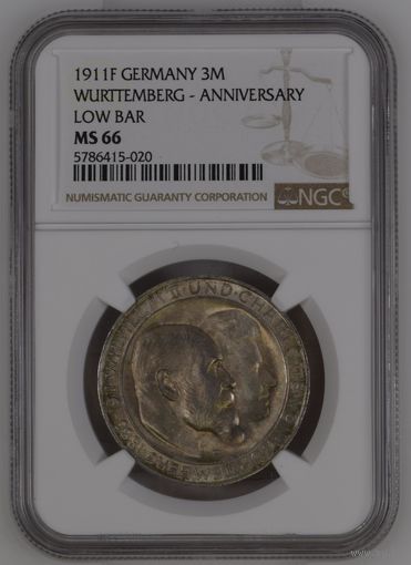 Германия. 3 марки 1911г.F слаб NGC MS66.