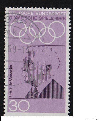 Марка Германия 1968 г. Олимпийские игры 1698 года. . Олимпиада. Кубертен  XIX летние Олимпийские игры