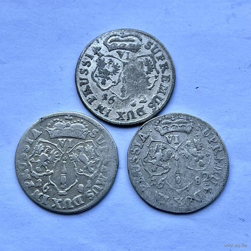 Монеты СЕРЕБРО ПРУССИЯ 6 грошей 1681-1682 год (3 шт) ФРИДРИХ ВИЛЬГЕЛЬМ ОТЛИЧНЫЕ