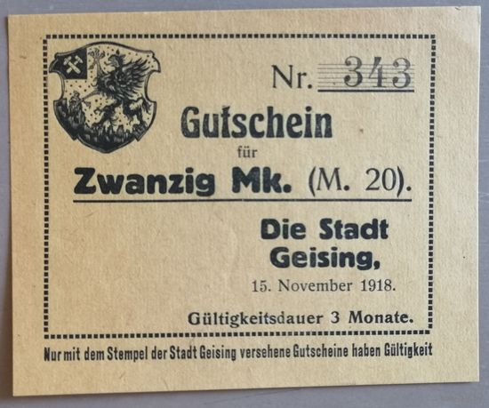 Германия 20 марок (на предъявителя) 1918 г Гайзинг (Geising) 169.04, aUNC, не частая