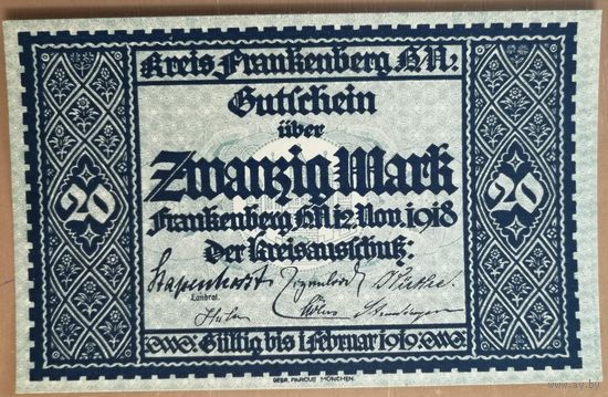 Германия 20 марок 1918 (до 1922) г Франкенберг (Frankenberg) 148.01, аUNC
