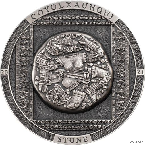 RARE Острова кука 20 долларов 2021г. "Ацтекский камень - Койольшауки". Монета в капсуле; шикарном подарочном футляре; номерной сертификат; коробка. СЕРЕБРО 93,30гр.(3 oz).