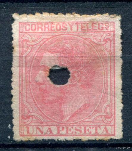 Испания (Королевство) - 1879г. - король Альфонсо XII, 1 Pta - 1 марка - гашёная пробоем [Mi 182]. #1-Sp-21-A-1