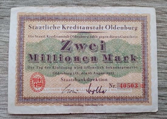 Werty71 Германия 2 миллиона 2000000 марок 1923 банкнота гроссгельд Ольденбург