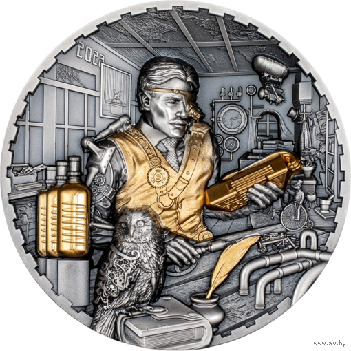 Острова Кука 20 долларов 2023г. "Стимпанк. Steampunk. Научная лаборатория". Монета в капсуле; подарочной рамке - футляре; сертификат; коробка. СЕРЕБРО 93,30гр.(3 oz).