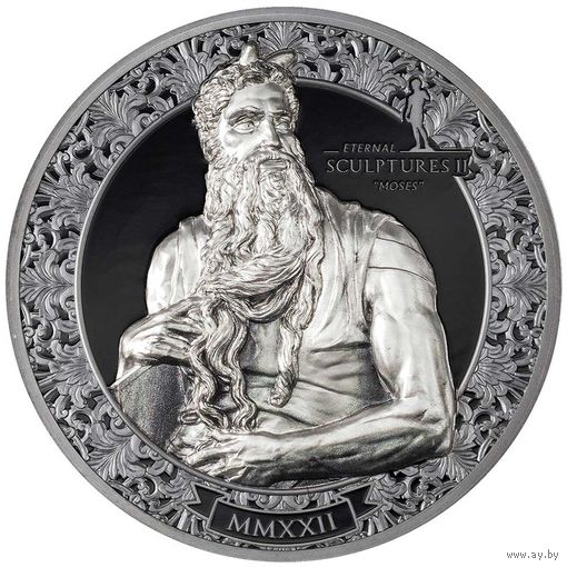 Палау 20 долларов 2022г. "Вечные скульптуры: Моисей". Black Proof. Монета в капсуле; шикарном подарочном футляре; сертификат; коробка. СЕРЕБРО 93,30гр.(3 oz).